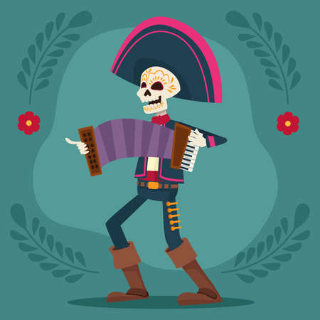 dia de los muertos celebration card with mariachi skeleton playing accordion vector illustration designのイラスト素材