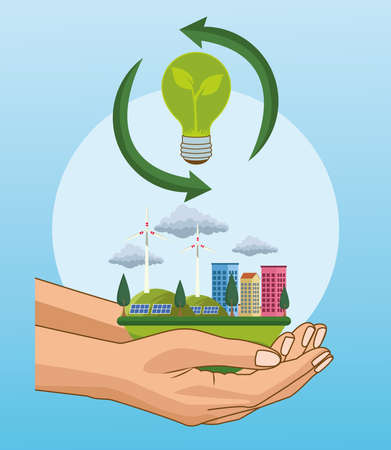 save the world environmental poster with hands lifting cityscape and landscape vector illustration designのイラスト素材