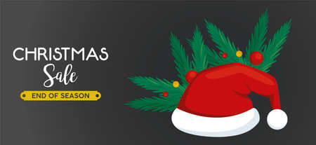 merry christmas sale lettering with leafs and santa claus hat vector illustration designのイラスト素材