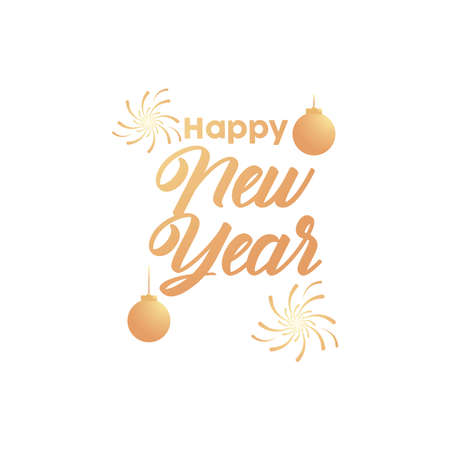 happy new year golden lettering with balls hanging and fireworks vector illustration designのイラスト素材