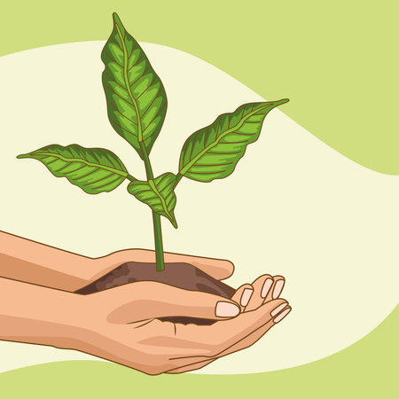 save the world environmental poster with hands lifting tree plant vector illustration designのイラスト素材