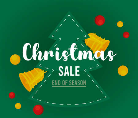 merry christmas sale lettering with bells hanging in tree vector illustration designのイラスト素材