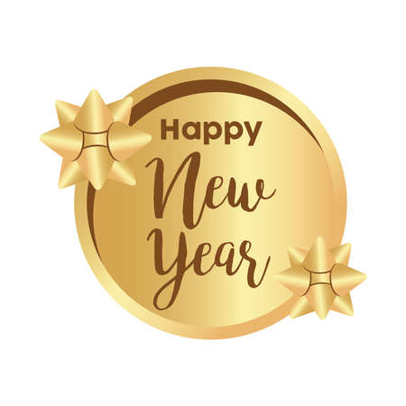 happy new year golden lettering with bows in circular frame vector illustration designのイラスト素材