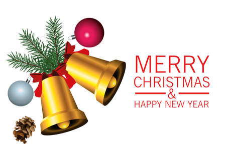 happy merry christmas lettering card with golden bells and balls decoration vector illustration designのイラスト素材