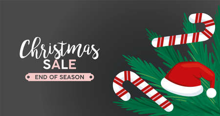 merry christmas sale lettering with canes and santa claus hat vector illustration designのイラスト素材