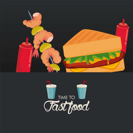 sandwich and shrimp skewers with sauces delicious fast food icon vector illustration designのイラスト素材