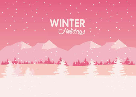 beauty pink winter landscape with mountains and trees pines vector illustration designのイラスト素材