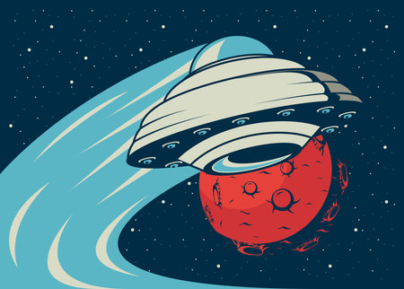 ufo with mars planet in poster vintage style vector illustration design