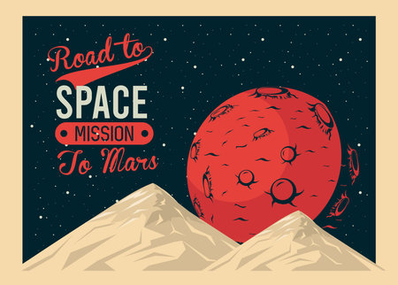 road to space lettering with mars planet in poster vintage style vector illustration design
