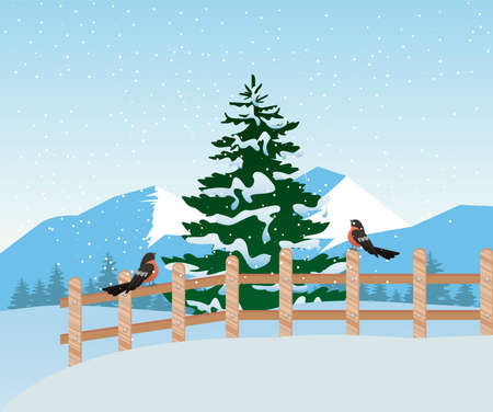 beautiful winter landscape scene with pine tree and robin in fence vector illustration designのイラスト素材