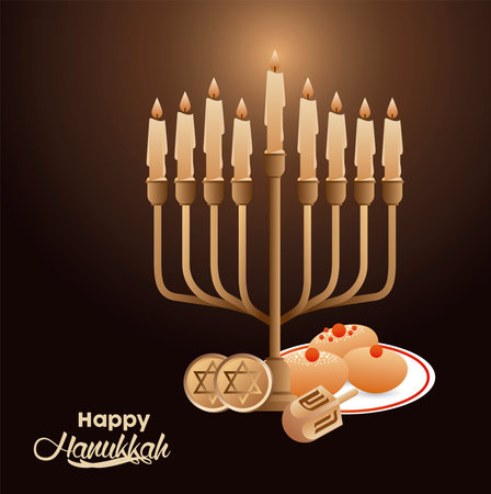 happy hanukkah celebration with candelabrum and dreidels and food vector illustration designのイラスト素材