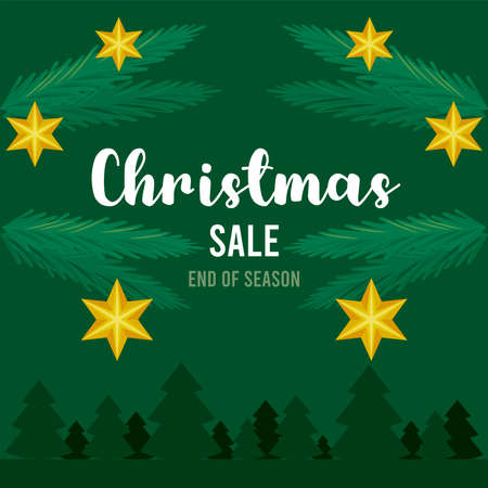 merry christmas sale lettering with stars in forest scene vector illustration designのイラスト素材
