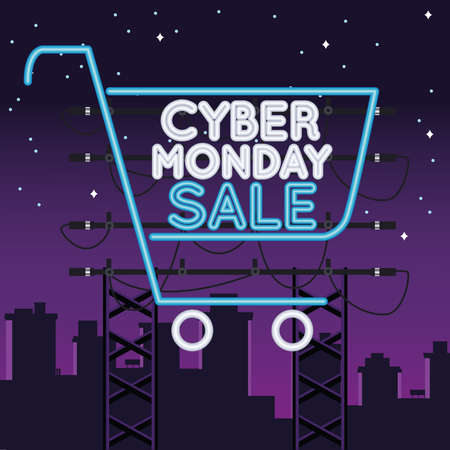 cyber monday sale neon light with shopping cart on the city vector illustration designのイラスト素材