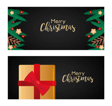 happy merry christmas letterings black cards with golden gift and pine leafs vector illustration designのイラスト素材
