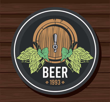 beer barrel drink with hops seeds in wooden background vector illustration designのイラスト素材
