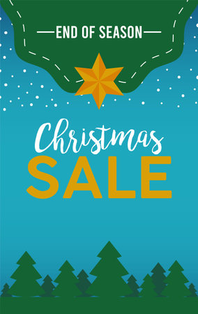 happy merry christmas sale lettering card with star in pines trees vector illustration designのイラスト素材
