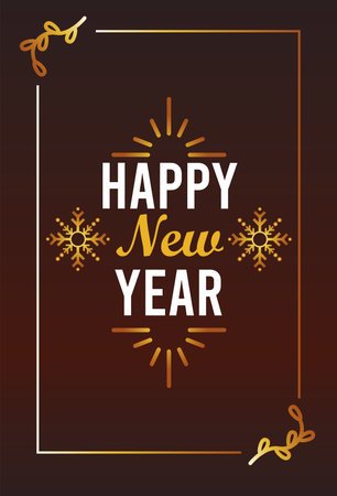 happy new year lettering card with snowflakes golden in square frame vector illustration designのイラスト素材