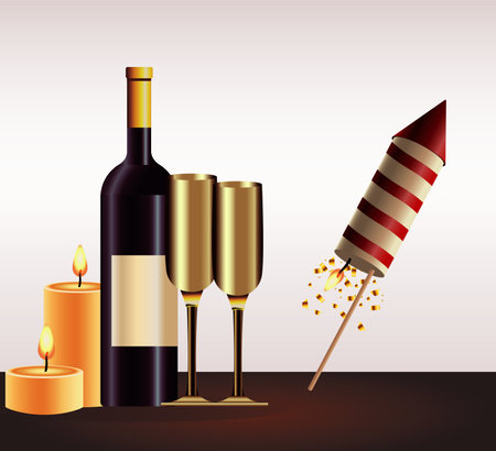 happy new year card with champagne and firework rocket vector illustration designのイラスト素材