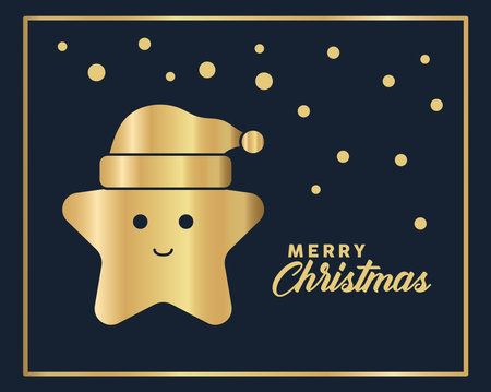 christmas golden star kawaii with santa hat and lettering block style icon vector illustration designのイラスト素材