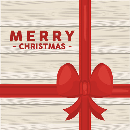 happy merry christmas lettering card with boow in wooden background vector illustration designのイラスト素材