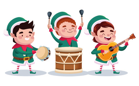 group of santa helpers playing instruments characters vector illustration designのイラスト素材