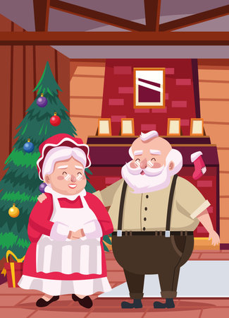 cute santa claus and wife in the house scene vector illustration designのイラスト素材