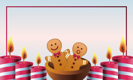 happy merry christmas card with gingerman cookies and candles vector illustration designのイラスト素材