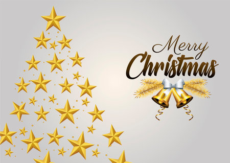 happy merry christmas golden lettering with pine tree of stars vector illustration designのイラスト素材