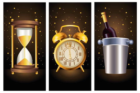 happy new year celebration with champagne and time golden icons vector illustration designのイラスト素材