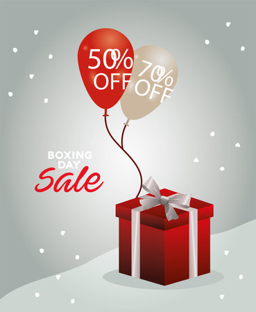 boxing day sale lettering with gift and balloons helium floating vector illustration designのイラスト素材