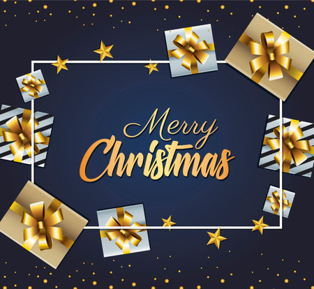 happy merry christmas golden lettering with gifts presents square frame vector illustration designのイラスト素材