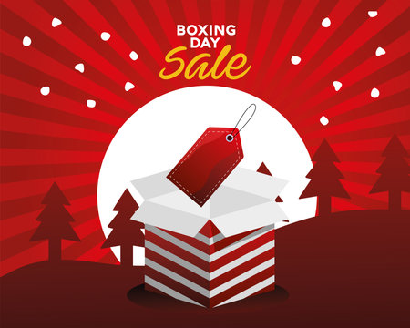 boxing day sale lettering with tag in box landscape scene vector illustration designのイラスト素材