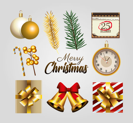 happy merry christmas golden lettering with set icons vector illustration designのイラスト素材