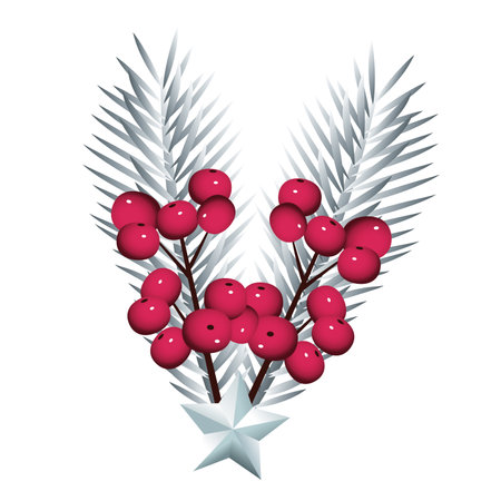 happy merry christmas silver firs leafs tree with berries icon vector illustration designのイラスト素材