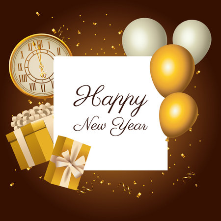 happy new year golden watch and lettering with balloons helium vector illustration designのイラスト素材