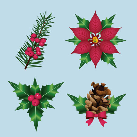 happy merry christmas with floral decorative icons vector illustration designのイラスト素材
