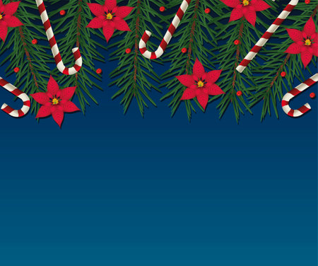 happy merry christmas floral decoration and canes frame vector illustration designのイラスト素材