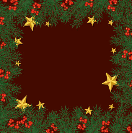 happy merry christmas frame with golden stars and leafs vector illustration designのイラスト素材