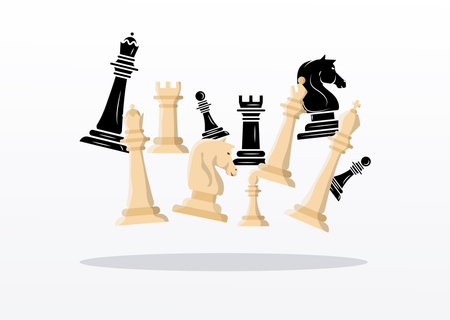 group of white and black chess pieces set icons vector illustration designのイラスト素材