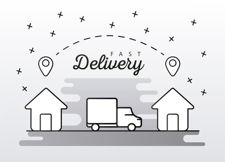 truck and pins locations in houses delivery service icons vector illustration designのイラスト素材