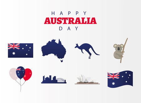 happy australia day lettering with set icons in white background vector illustration designのイラスト素材