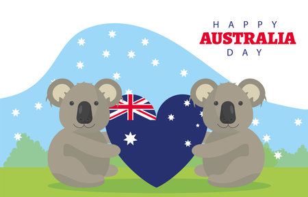 happy australia day lettering with koalas and flag in heart vector illustration designのイラスト素材