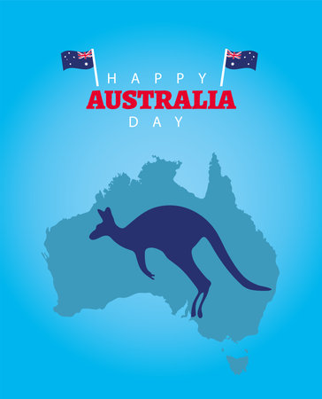 happy australia day lettering with flags and kangaroo in map vector illustration designのイラスト素材