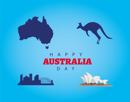 happy australia day lettering with set icons in blue background vector illustration designのイラスト素材