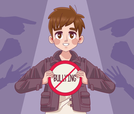 young teenager boy with stop bullying lettering signal and hands indexing vector illustration designのイラスト素材