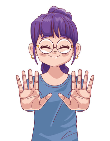 cute little girl with hands stop comic manga character vector illustration designのイラスト素材