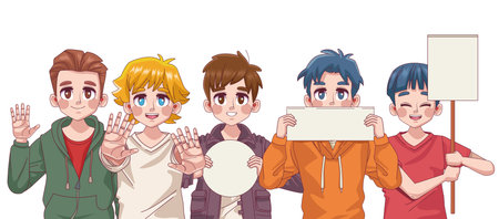 group of five cute young boys teenagers manga anime characters with protest banners vector...