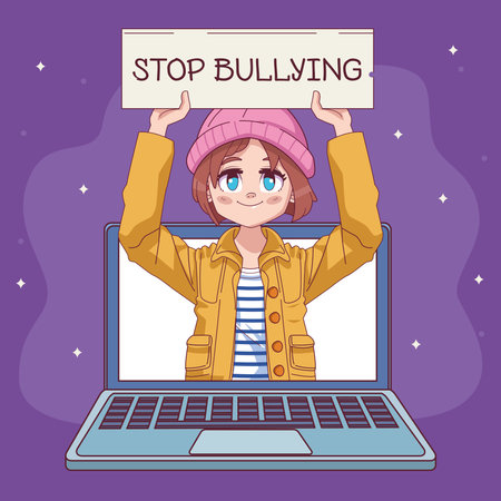 cute little girl with stop bullying banner in laptop comic manga character vector illustration designのイラスト素材