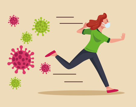 woman wearing medical mask running with virus particles vector illustration designのイラスト素材