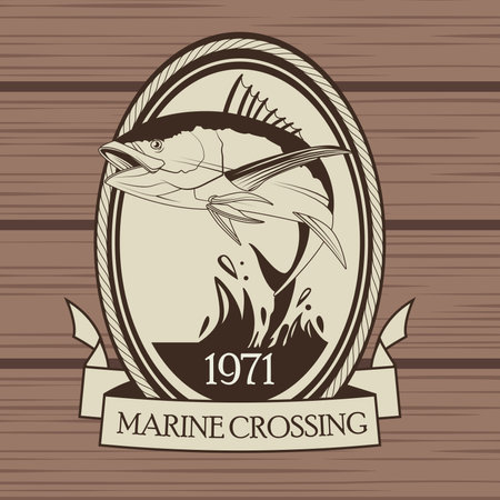 tuna fish nautical gray vintage emblem in wooden background vector illustration designのイラスト素材